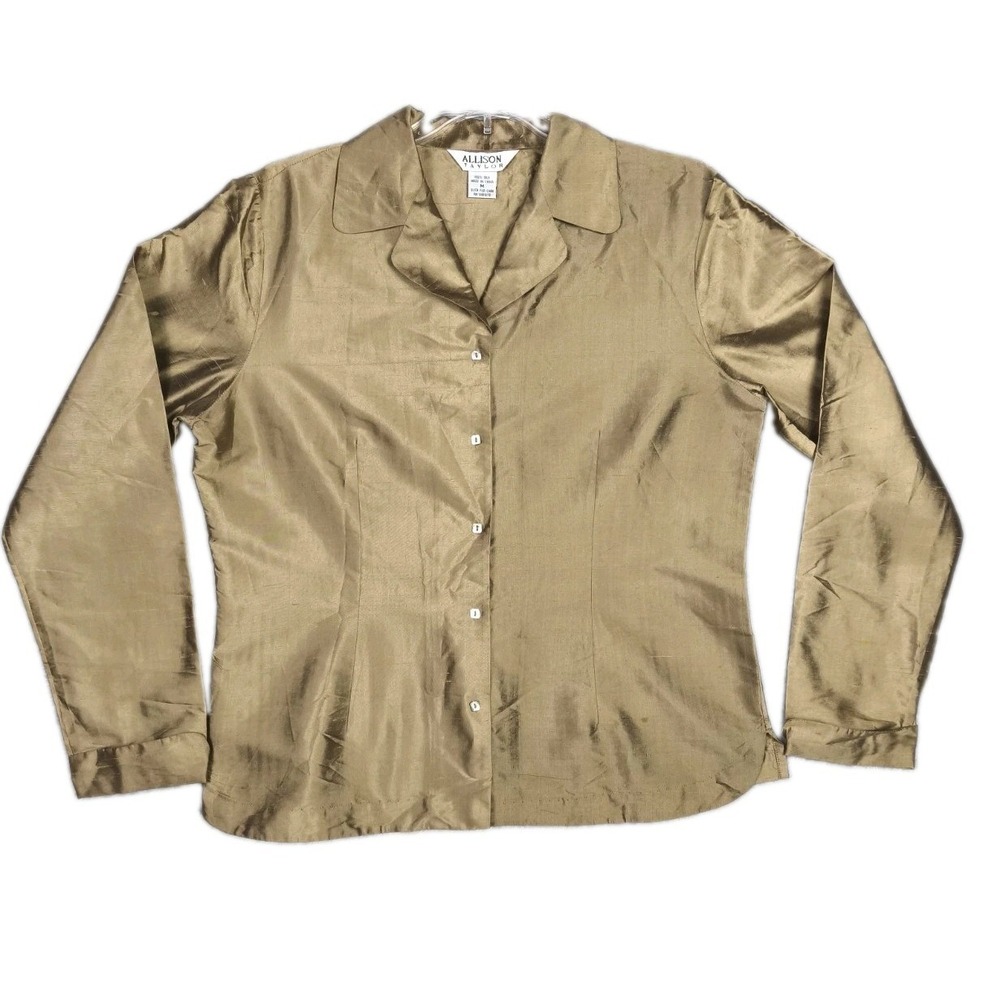 Allison Taylor 100% Silk Blouse Bronze Gold Metallic Long Sleeve Button Up M